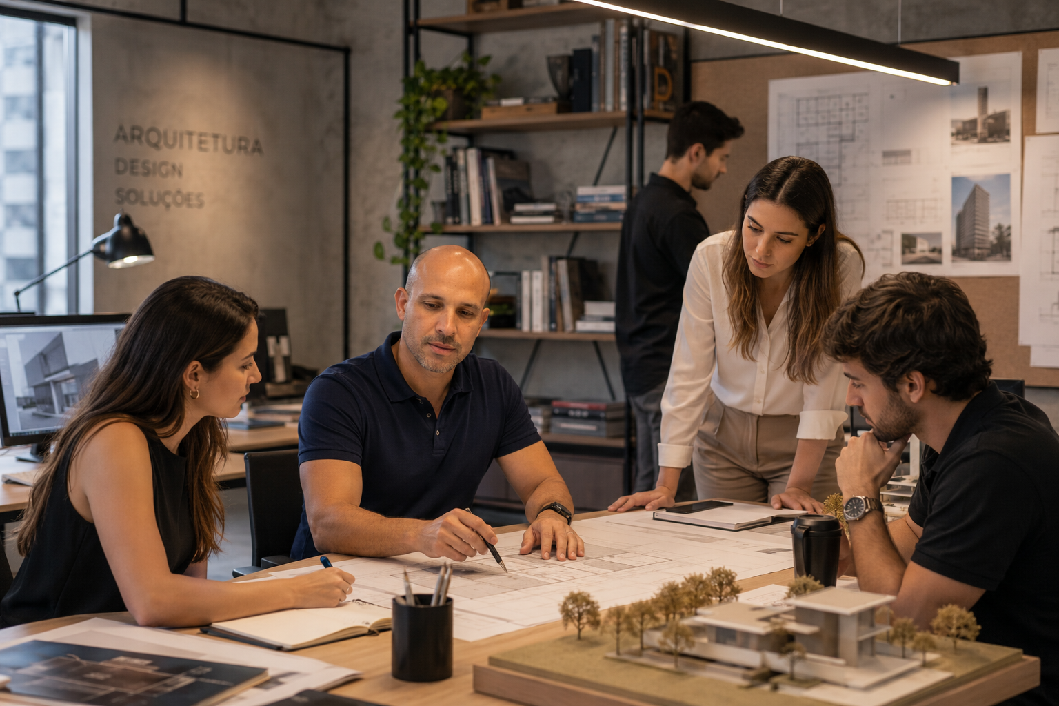 Mesa de arquitetura com plantas, réguas e materiais
